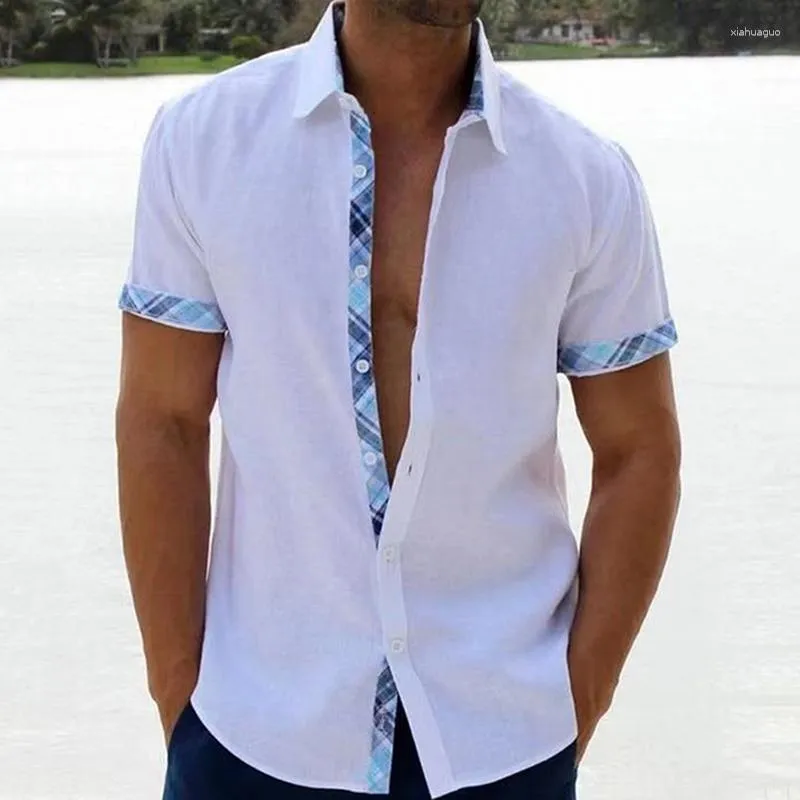 Camisas casuais masculinas 2023 verão camisa branca manga curta gola contraste negócios vestido de trabalho casamento para homens blusa tops