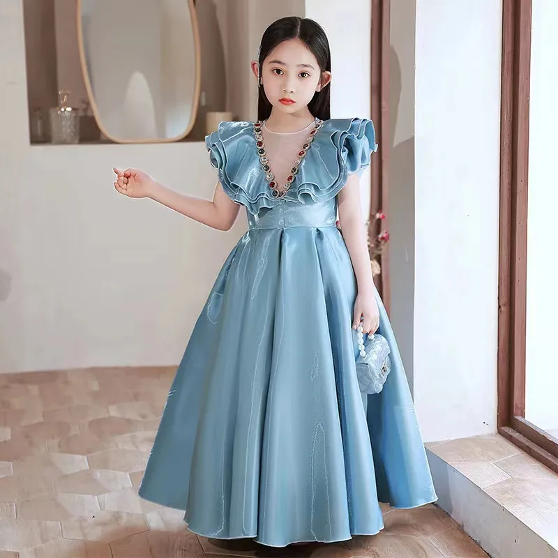 Diamond Flower Girls Dresses Jewel Neck Sheer Long Sequined Applique Big Bow Birthday Dresses Girls Pageant Gowns With Button Back Blue Shiny Bling Homecoming Dress