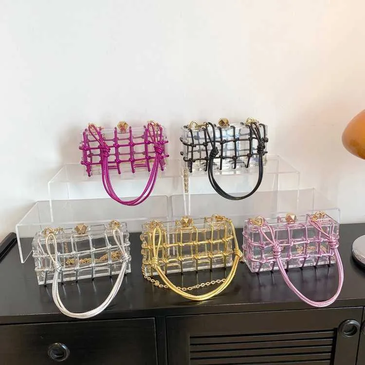 Barbiecoress Acrylic Box Bag Women's 2023 Summer New Transparent Handbag Single Shoulder Crossbody Knitted Small Square Bag 230802