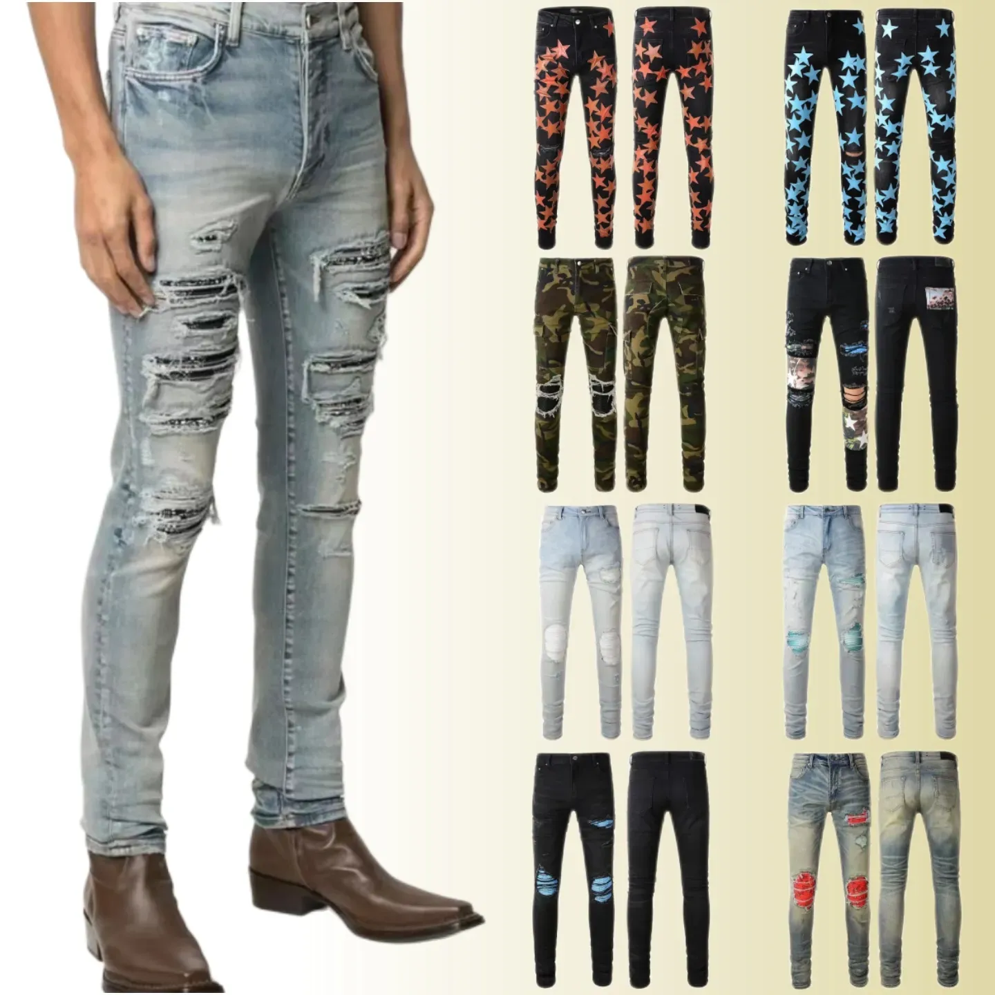 Mens Distressed Ripped Skinny Jeans Fashion Men Motorcycle Moto Long Off Cotton Slim Feet High Street Denim Light Blue Paste Pants CXG08022