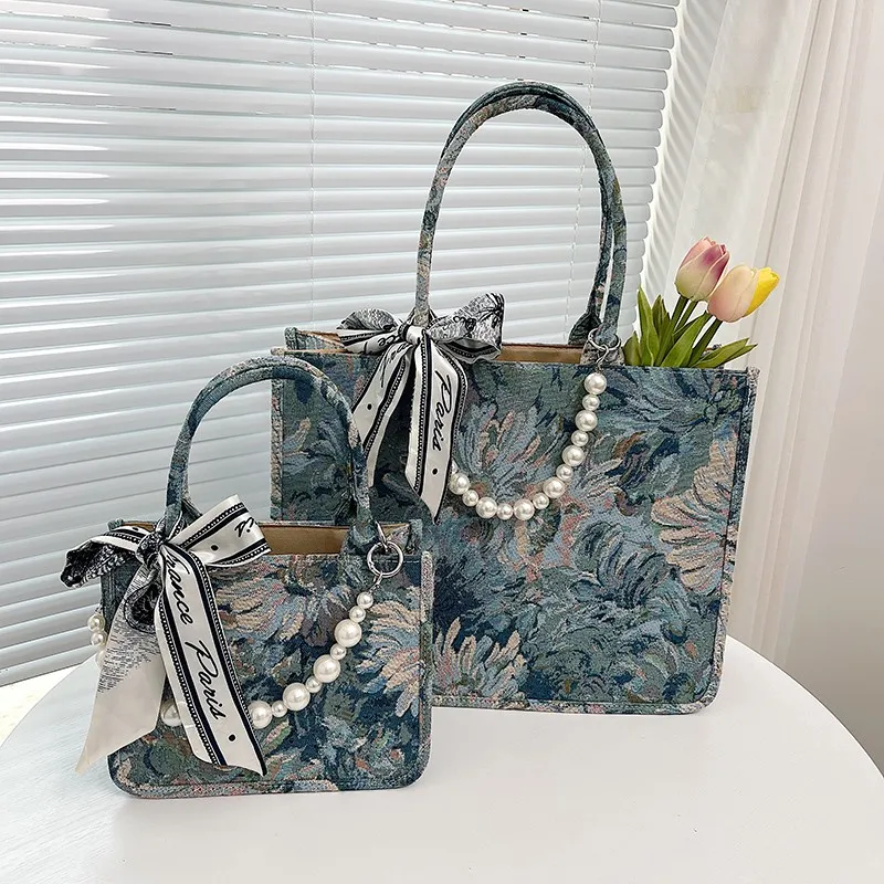 Designer Luxury Canvas Bag Women Large-capacity Handbag 2023 New Fashion Pearl Ribbon Decorative Shoulder Bags Female Tote Bag