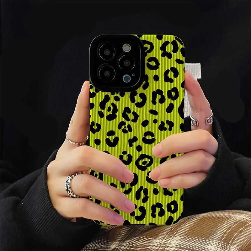 Cell Phone Cases Fashion Fluorescent Yellow Leopard Print Phone Case For iPhone 14 11 12 13 Pro XS Max Mini XR 8 7 6 6S Plus Soft Silicone Cover L 230731..