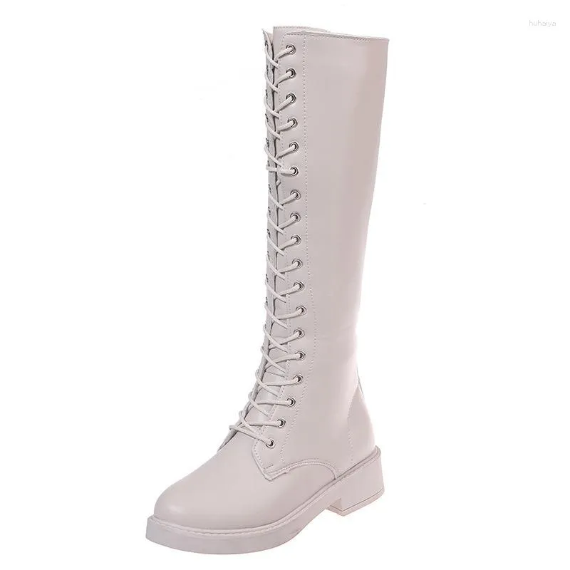 Botas Moda Moda Primavera Mulher Inverno 2023 Couro PU Longo Aumento Rider Sapato Cowboy Feminino Salto Branco com Cadarço