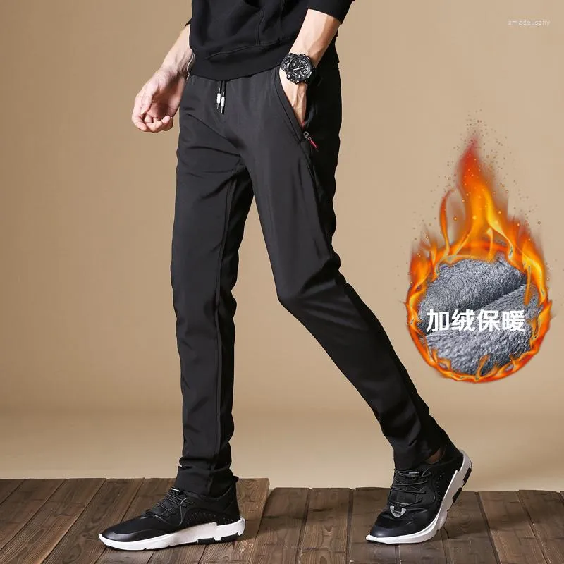 Pantalones de invierno para hombre, cálidos, con forro polar, informales, elásticos, con cintura elástica, ajustados, con bolsillo y cremallera, para correr