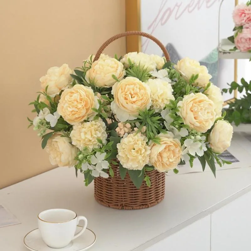 Fleurs décoratives pivoine artificielle avec tige 6 têtes non flétries pas d'arrosage mariage Po accessoires réaliste Faux Chine Rose bouquet de fleurs