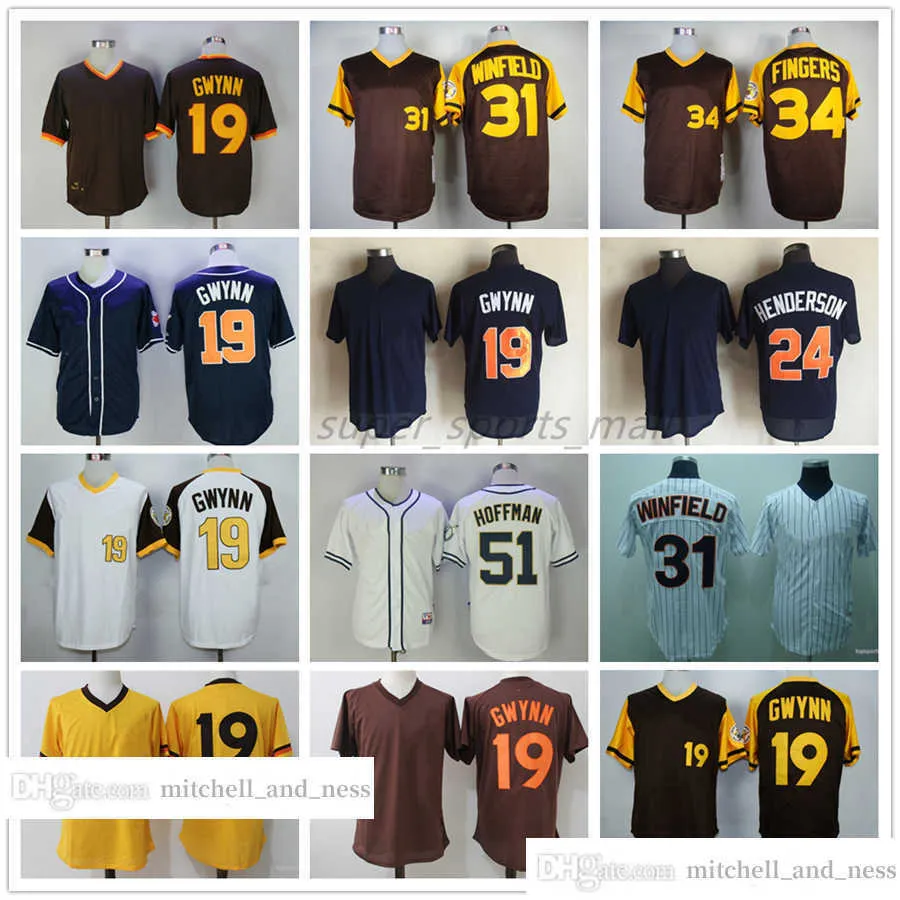 Vintage Movie Baseball Wears Jersey 19 Tony Gwynn 24 Rickey Henderson 31 Dave Winfield 34 Rollie Fingers 51 Trevor Hoffman 1998 Blank Jerseys Men Women Size S--XXXL