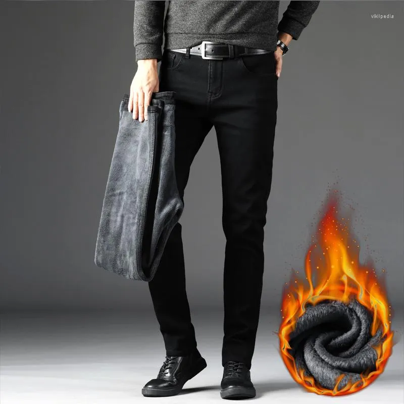 Jeans pour hommes grande taille 42 hommes chaud épais 2023 hiver Style affaires mode Slim Fit Stretch noir Jean pantalon