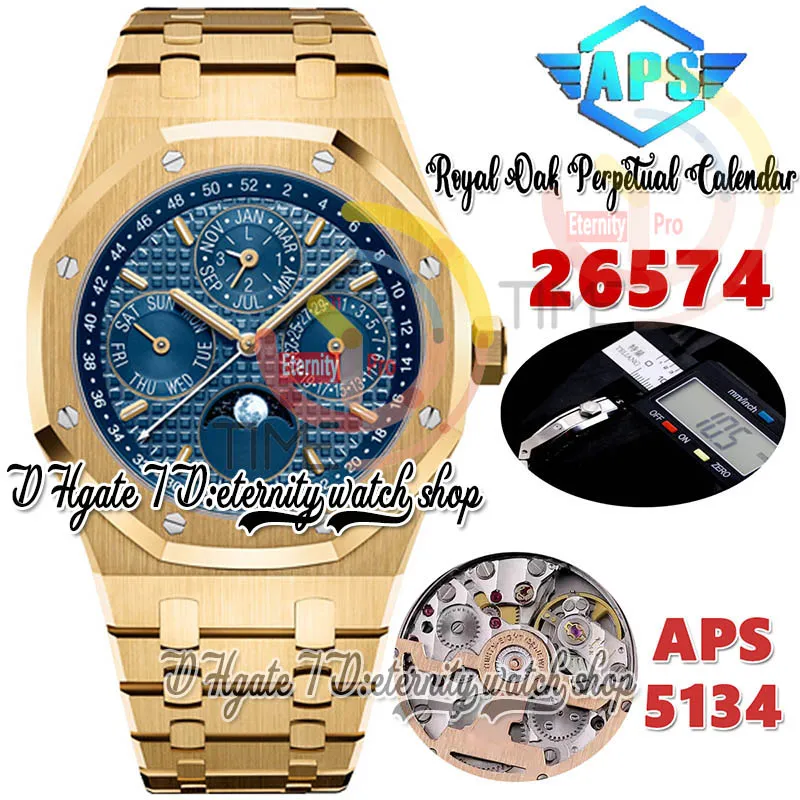 APSF aps26574 Calendário Perpétuo Cal.5134 A5134 Relógio Automático Masculino 41MM Superlumed Azul Texturizado Mostrador Fase da Lua Ouro Pulseira Aço inoxidável Relógios Super Eternidade