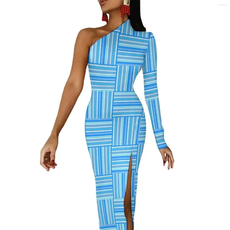 Casual Dresses Blue And White Striped Bodycon Dress Women Lines Print Sexy Maxi Long Sleeve Streetwear Graphic Birthday Present