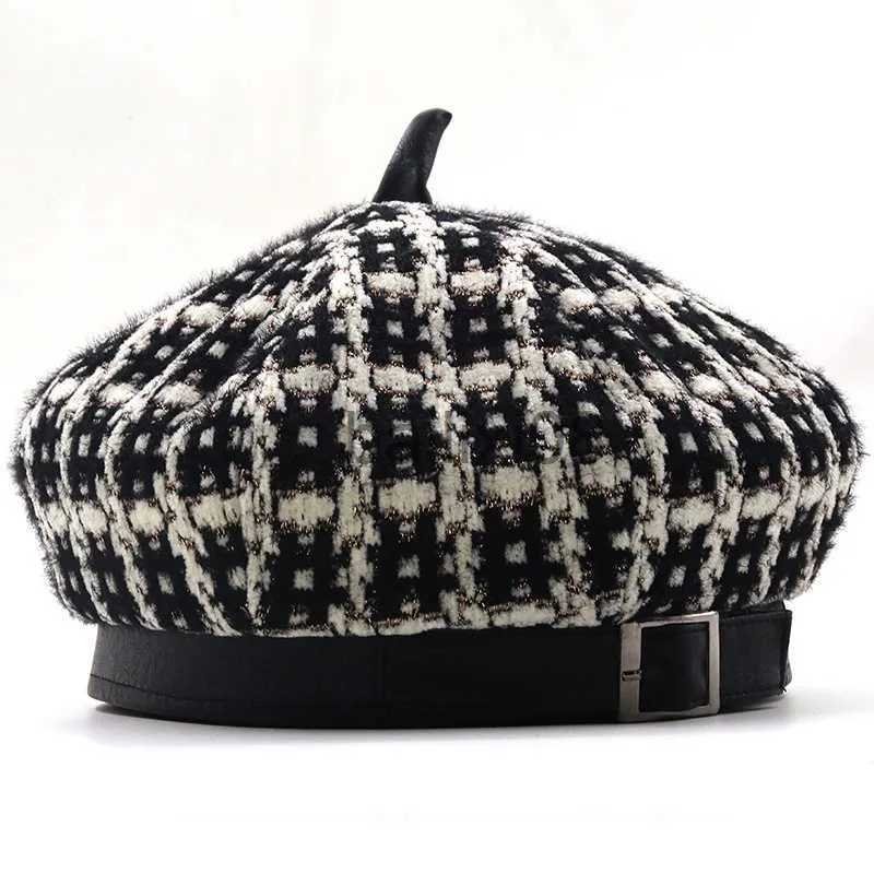 Gierige Rand Hoeden Eenvoudige Vrouwen Wollen baret Voor Elegante dame Winter Vrouwelijke konijnenbont Hoeden Plaid Vintage Achthoekige Casual boina Herfst meisje Cap J230802