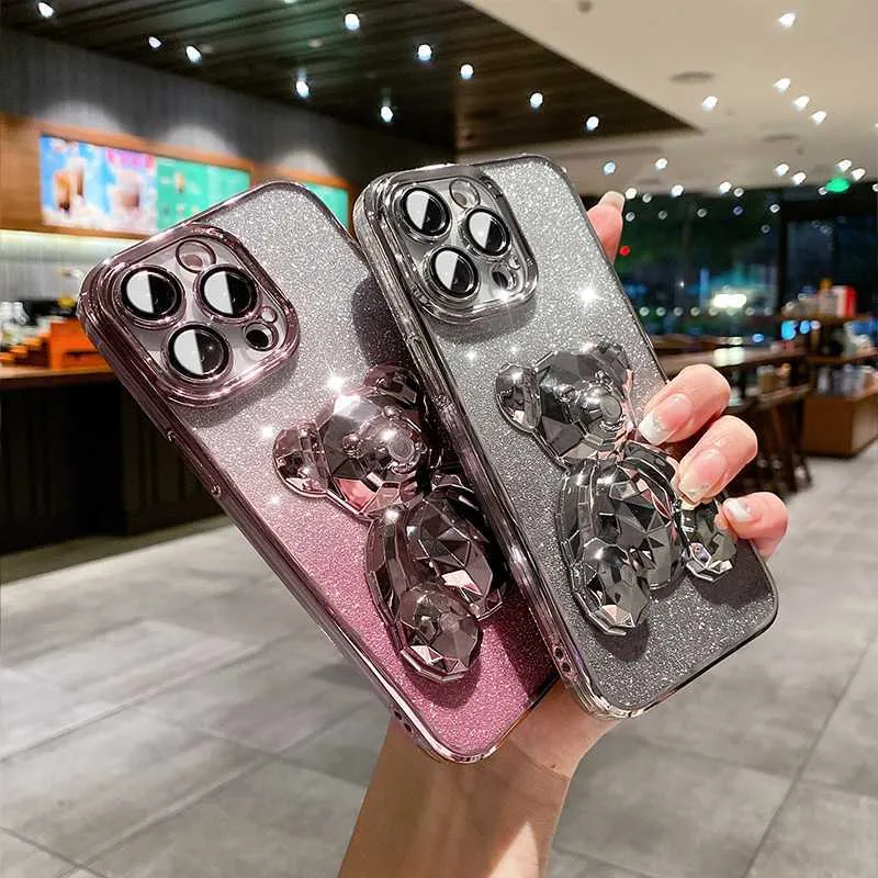 Étuis de téléphone portable Dégradé Glitter 3D Crystal Diamond Bear Phone Case pour iPhone 11 12 13 14 Pro Max 14 Plus Couverture de placage de luxe avec film d'objectif LF230731.