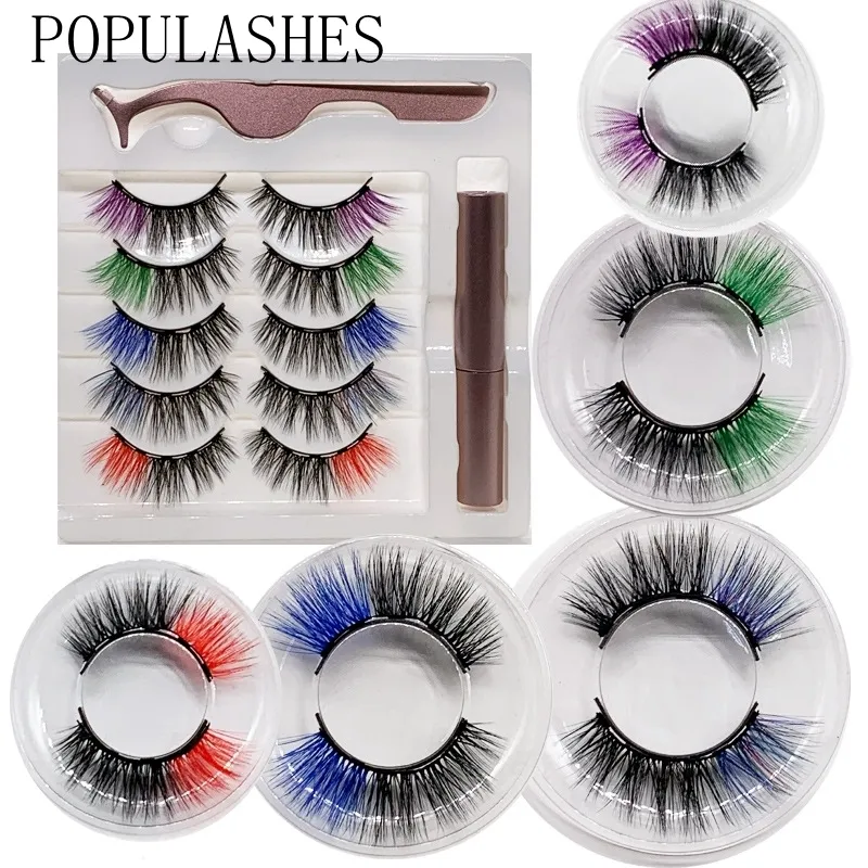 False Eyelashes 5 Pairs Colorful Magnetic Eye Lashes with Magnets Tweezers and Waterproof Liquid Eyeliner Set Laser Bag Fake Mink Lash 230801