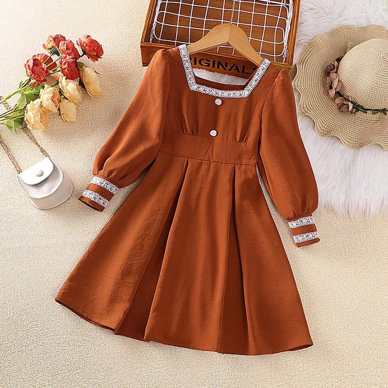 Fille Robes Enfants Vêtements Bébé Robe 2023 Automne Français Col Carré Rétro Style Buble Manches Princesse Coréenne Solide Couleur Plissé