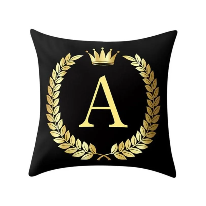 Cushion/Decorative Pillow Black Golden Alphabet Letter Crown Polyester Cushion Er Decorative Cushions For Sofa Home Decoration Drop Dhxo8