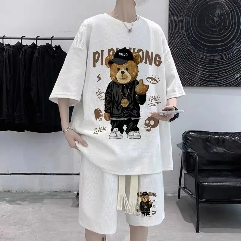 Men's Tracksuits Gmiixder SS Kawaii Bear Short Sleeve Tshirt Shorts Set Men's Oversize Cartoon Printed Couple High Street Two Piece Suits 230801