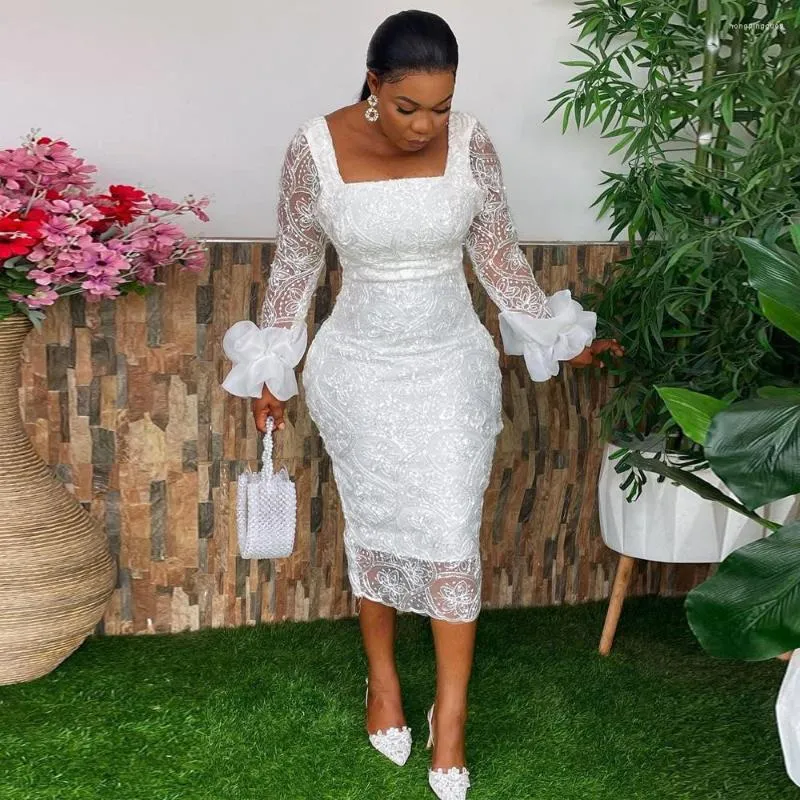 MD African Puff Sleeve Lace Dress For Women Ruffle Long Sleeve