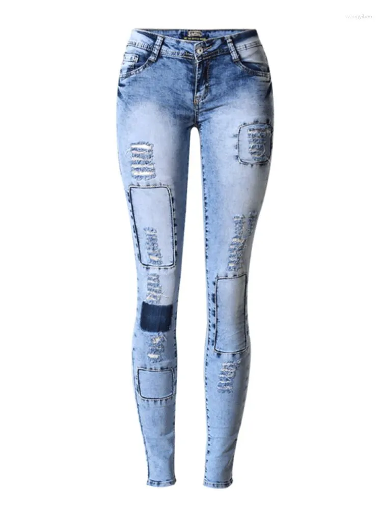 Damskie dżinsy niski talia moda szczupła chuda patchworka Wysokie stretch street street noszenie śniegu niebieskie vintage bielone dżinsowe spodnie 2023