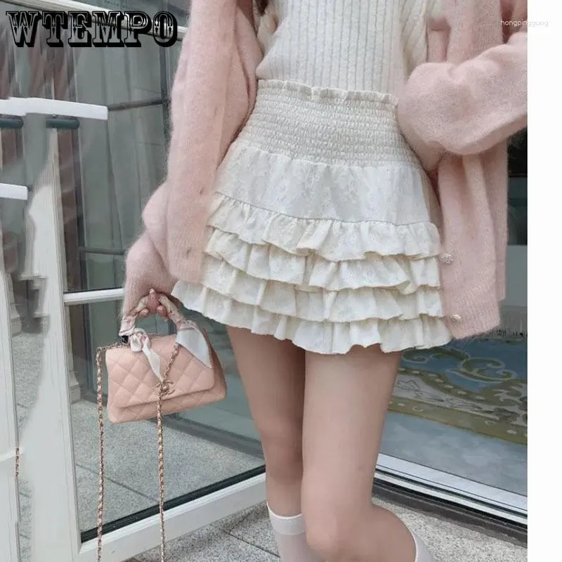 Skirts Light Apricot Color A-line Fluffy Cake Skirt Women Elastic Waist Ruffle Edge Sweet Cute Preppy Style Korean Fashion Pure Desire