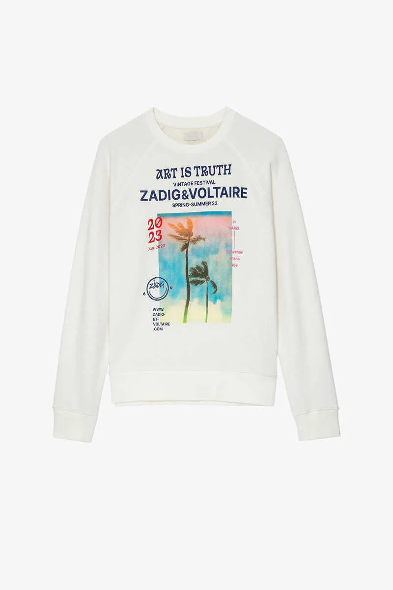 Zadig Voltaire Designer-Sweatshirt aus reiner Baumwolle, Coconut White Ink, Digitaldruck, Baumwolle, Rundhalsausschnitt, Raglanärmel, Damenpullover, klassische Modeoberteile in Übergröße