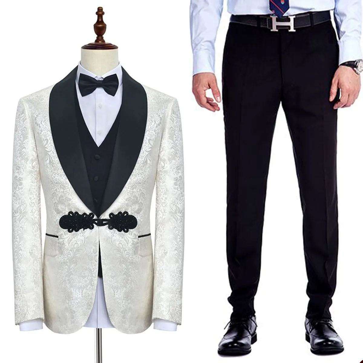 White Wedding Tuxedo för brudgummen 3 stycken Slim Fit Floral Jacquard Suits Shawl Lapel Costume Jacket With Pants Vest