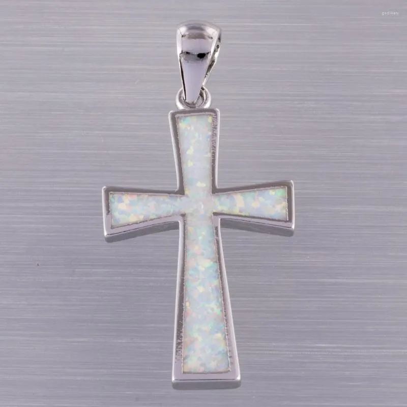 Pendanthalsband Kongmoon Classic Latin Cross White Fire Opal Silver Plated Jewelry for Women Necklace