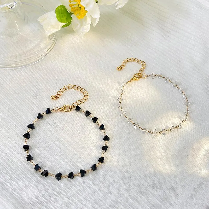 Strand Y2k Korean Crystal Stone Armband Women's Fashion Jewelry Party Birthday Present Black White Friendship Par Chain Set