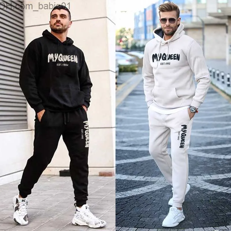 Men's Tracksuits Luxury Mens Hooded Tracksuit Set You Are My Queen Print Pullover Hoodies Set Activewear Sweatshirt 2Pcs Couple Outfit Sportswear T230802