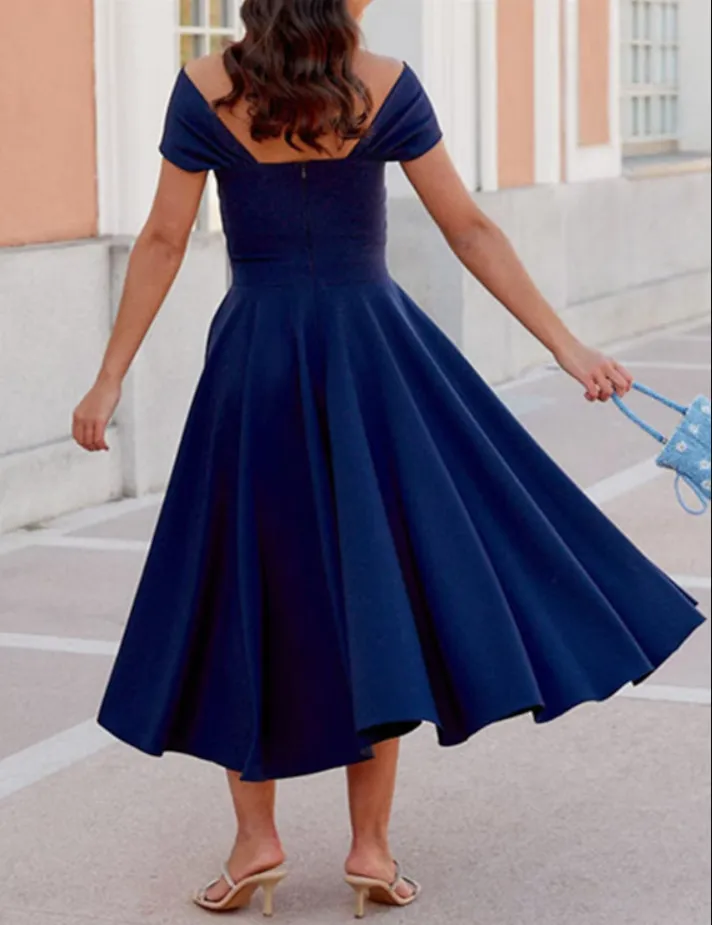 navy blue dress for baby girl Zapaka Women Ivory Tea-Length Engagement Dress with Pleats A Line Satin Sleeveless Wedding Dress, Ivory / US18W main image 0