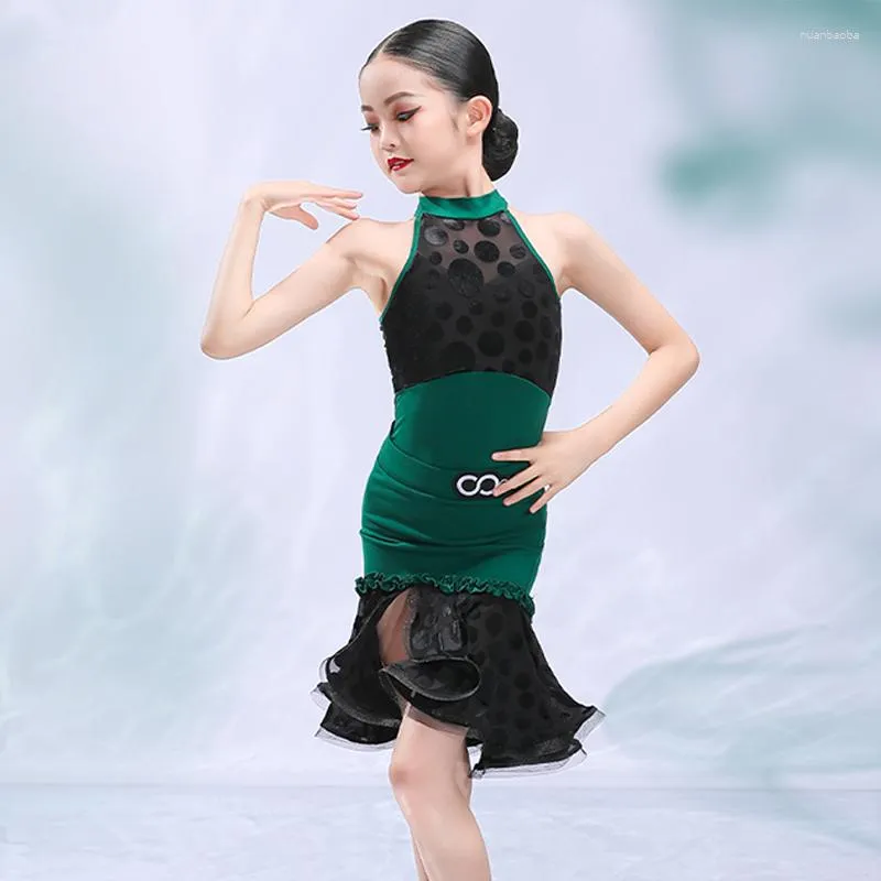 Scen Wear Latin Dance Dress for Girls Samba Rumba Dancing Performance Costume Sleeveless Tops Polka Prickar kjol Chacha Dancewear YS4016