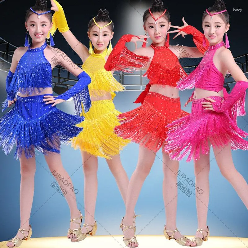 Stage Wear Style Children's Latin Dance Dress Girls' Sequins Tassel Skirt Competition Performance