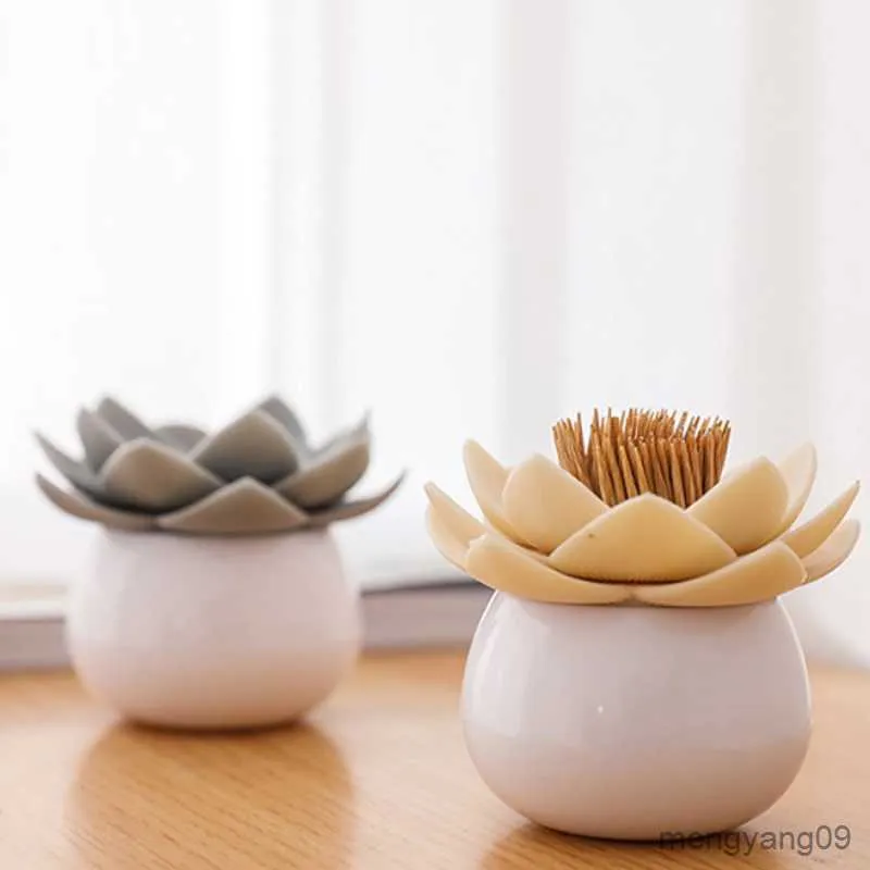 2st Toothpick Holder Cotton Swab Storage Container Creative Dammtät Portable Lotus Flower Tandpetare Holder For Home Storage Box R230802