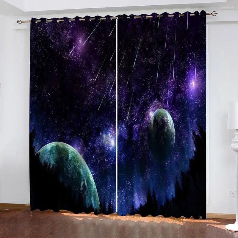 Curtain Earth Space Night Milky Way Starry Sky 2 Pieces Thin Children's For Living Room Bedroom Window Drape Decor