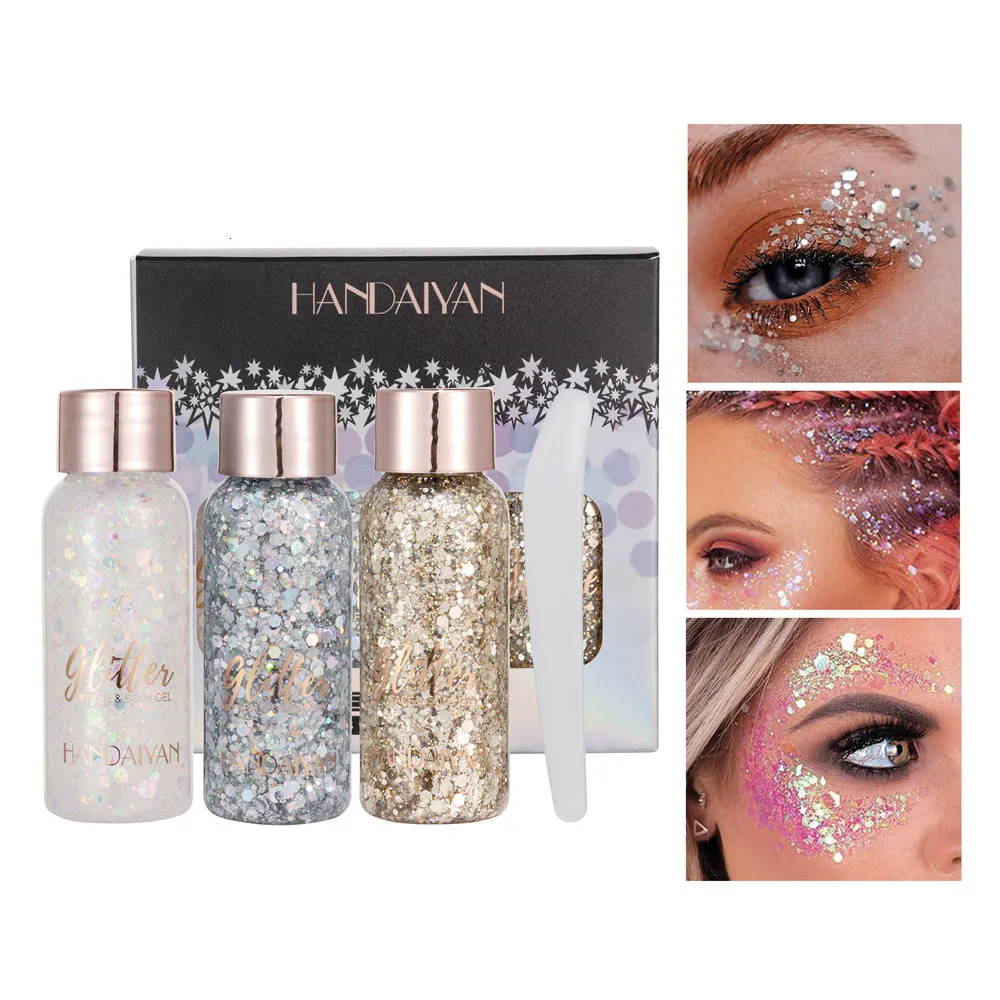 Body Glitter 3 ColorsBox Eye Shadow Set Sequin Gel Lotion Stage Sirène Échelle Visage Discothèque Maquillage Shimmer Eyes 230801