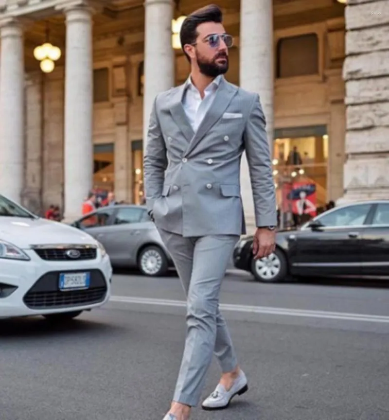 Męskie garnitury klasyczny Fashion Dwuzroczny, jasnoszary zestaw na przyjęcie weselne w Slim Fit Business Casual Dostosowanie (spodnie z kurtkami