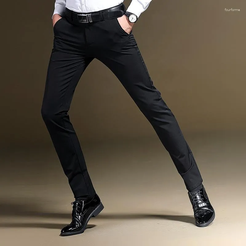 Men's Pants Casual Fitness Slim Polyester Blends Long Trousers Plus Size 2023 Fall Elastic Black Young Slacks No Iron