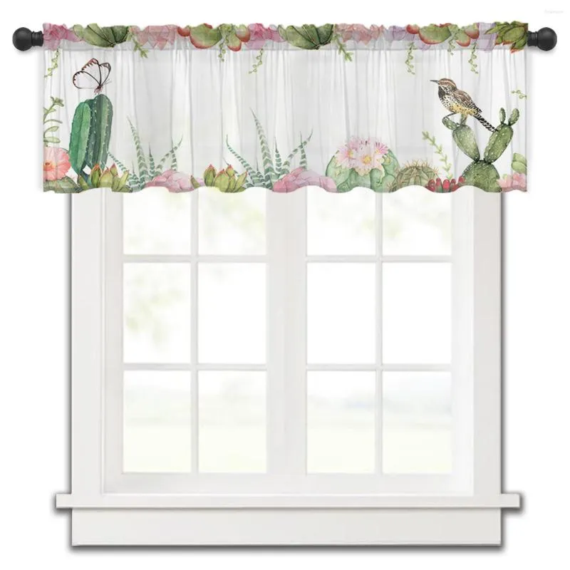 Curtain Flower Butterfly Bird Cactus Kitchen Small Window Tulle Sheer Short Bedroom Living Room Home Decor Voile Drapes