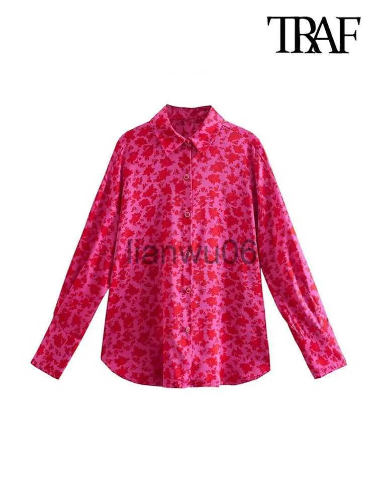 Bluzki damskie koszule Traf Women moda z zadaszonymi guzikami nadrukowane przytulne koszule vintage długie rękawowe otwory wentylacyjne żeńskie bluzki bluzy eleganckie topy J230802