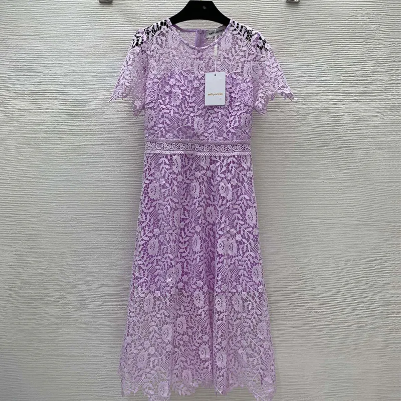 New SP Family Dress Pizzo personalizzato di fascia alta, vestibilità slim stile viola, gonna a maniche corte con scollo rotondo e orlo irregolare Luglio