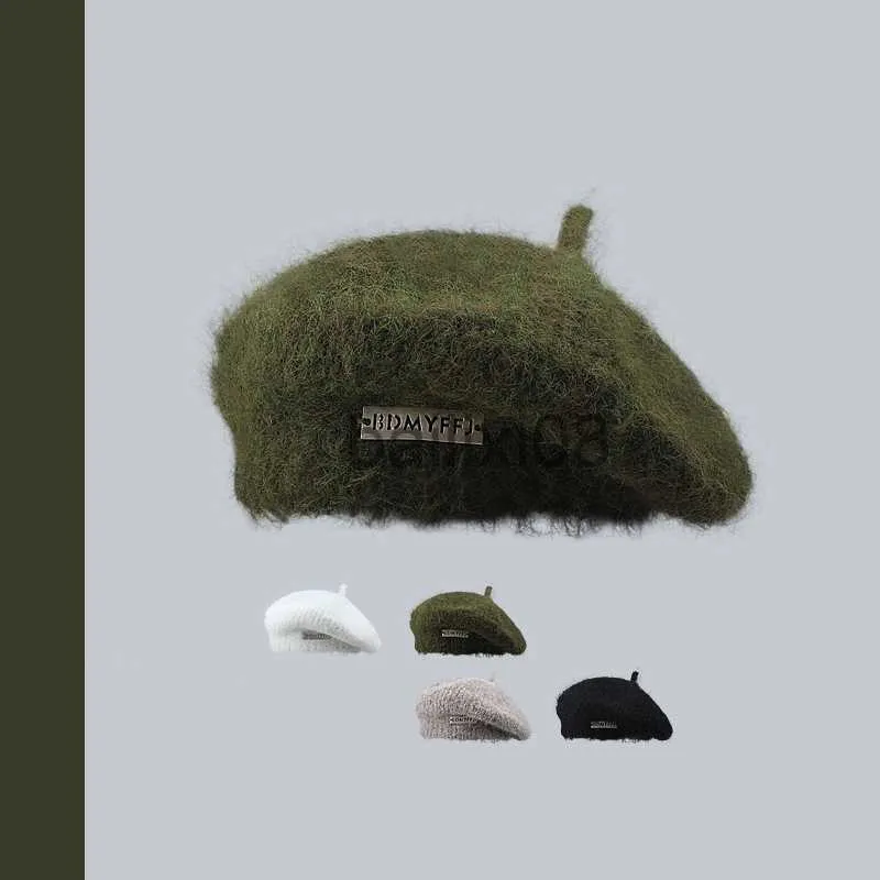 Stingy Brim Hats Japanese Mohair Iron Standard stickade basker Autumn och Winter Plush Painter Cap All-Match Söt fast färg 2023 Kvinnors hattar J230802