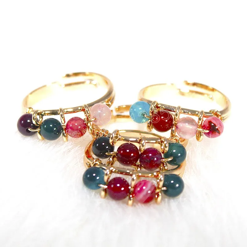 Multicolor Round Agate Rings for Women Wire Wrap Resizable Gold Color Handmade Finger Jewelry