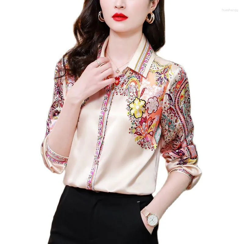 Kvinnor BLOUSES 2023 Paisley Floral Silk Long Sleeve Women Designer Lapel Retro Button Up Shirts Office Lady Lady Satin Blus Ol Tops