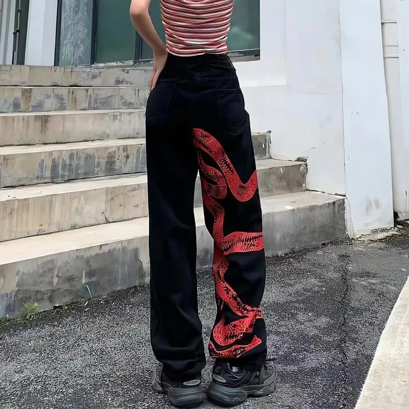 Jeans pour femmes imprim serpent fonc europ en et am ricain jambe large Punk Harajuku personnalit Streetwear tendance femmes pantalons