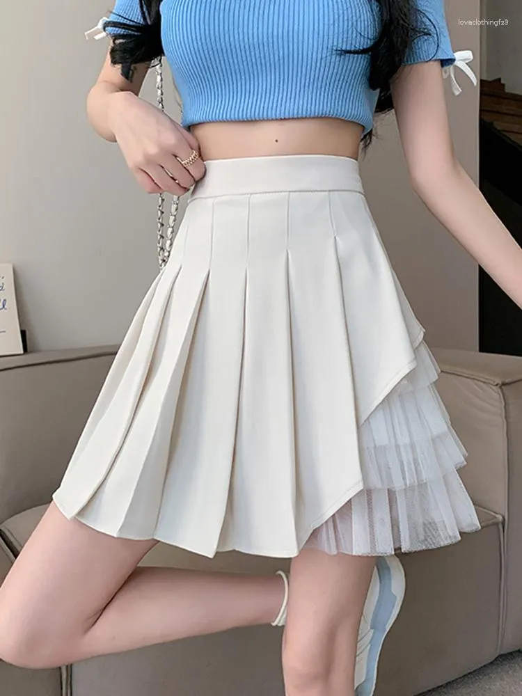 Skirts TIGENA Fashion Tulle Patchwork Mini Skirt For Women 2023 Summer Korean Cute Side Zipper High Waist Pleated White Female