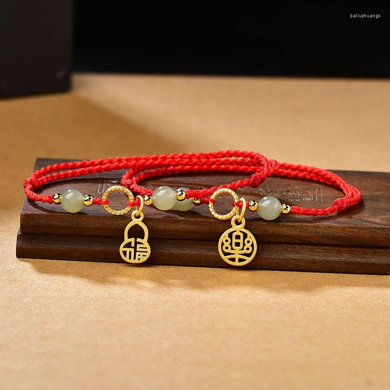 Braccialetti con ciondoli Tessuto a mano con trasferimento di giada di Hetian Perlina Qiankun Cerchio Corda rossa Braccialetto fortunato Bracciale donna Uomo Fu Taglia regolabile Goccia