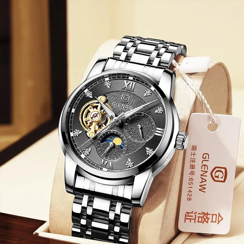 Relógios de pulso GLENAW 2023 Relógio masculino Top Fashion Business Automático à prova d'água Mecânico Montre Homme Box