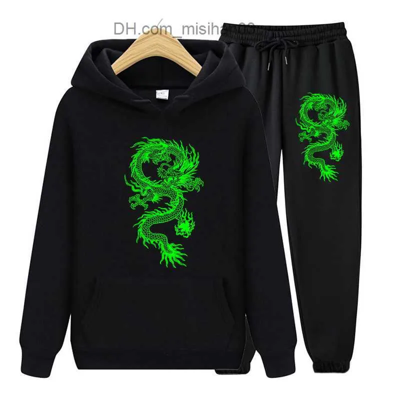 Hoodies voor heren Sweatshirts Vintage drakenprint Losse hoodie Damessweatshirt Schattig Top Vrijetijdsbroek Punk Harajuku Sport Tweedelige damesset Z230802