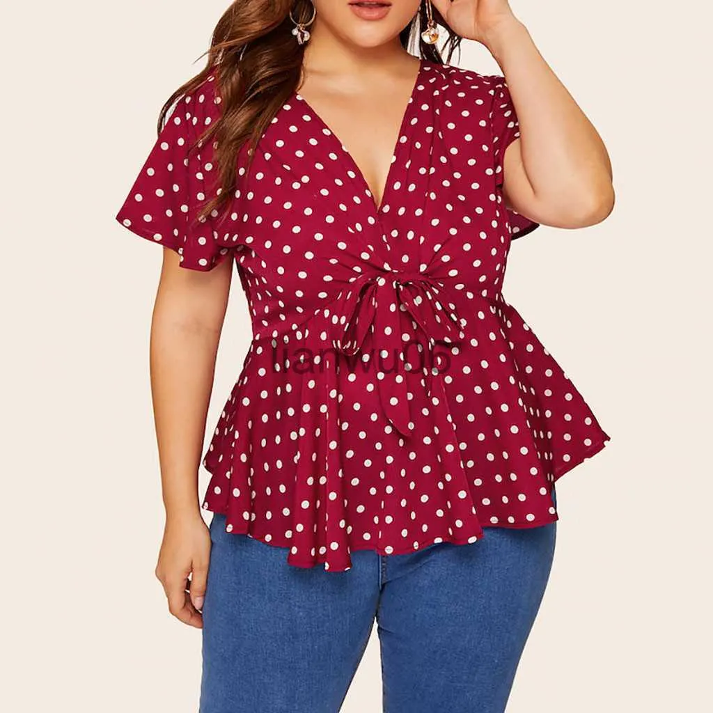 Women's Blouses Shirts Women Plus Size Blouse V Neck Short Sleeve Polka Dot Shirt Top Knot Front Summer Vintage Peplum Shirt Blusas Mujer #YJ J230802