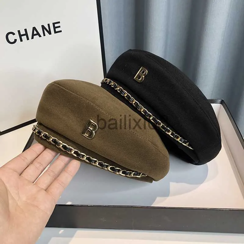 Stingy Brim Hats New Chain Beret Hat For Women Cap Winter Retro Brown Blk Artist Flat Fashion Lady Girls Vintage Cap Star Style J230802