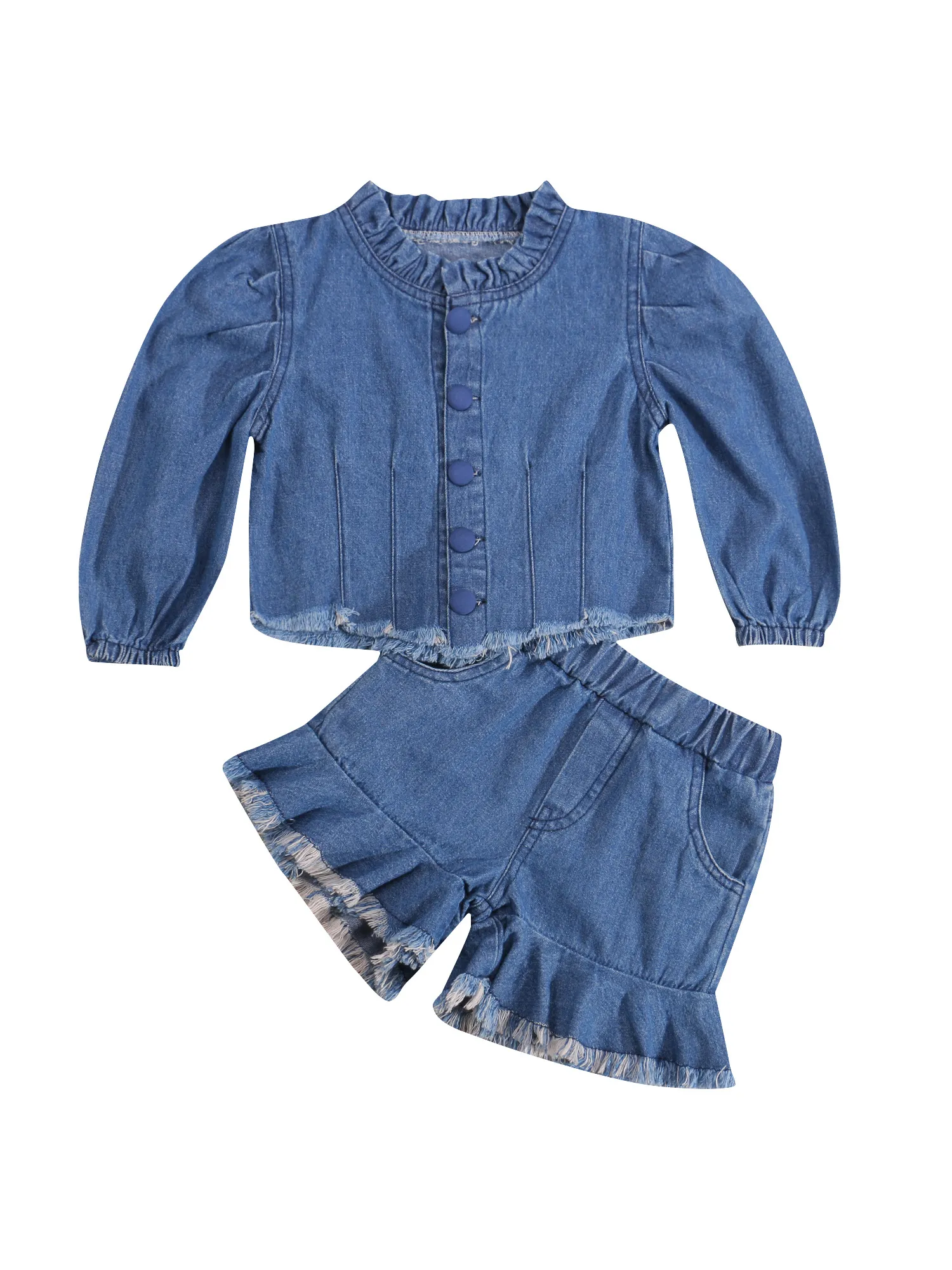 Kleidung Sets Mode Mädchen Frühling Herbst Kleidung Denim Outfit 2 stücke Solide Langarm Hemd Tops Shorts Kind 230802