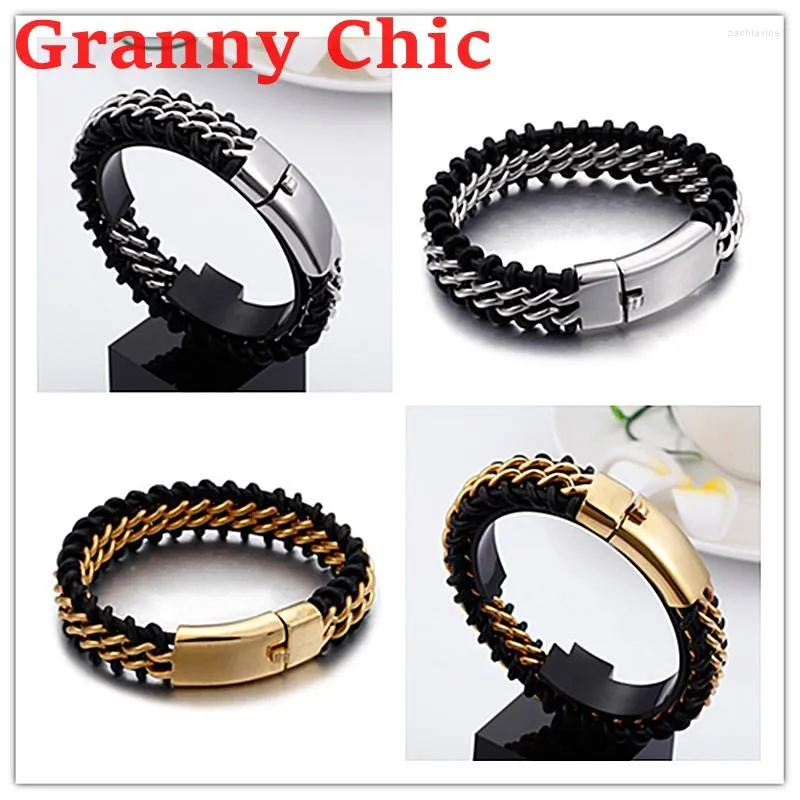 Link Armbanden Granny Chic Mode 8.66" 18MM Heren Gevlochten Leer Roestvrij Staal Bedel Zilver Goud Kleur Armband Punk Accessoires